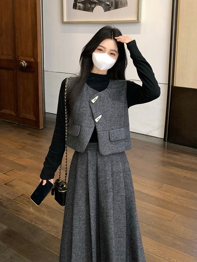 쓰리피스 여성정장세트 투피스 갈색 스커트 S 셋업 캐주얼 조끼 가을 롱 싱글탑 한국식 의상 M - 상세 이미지 4