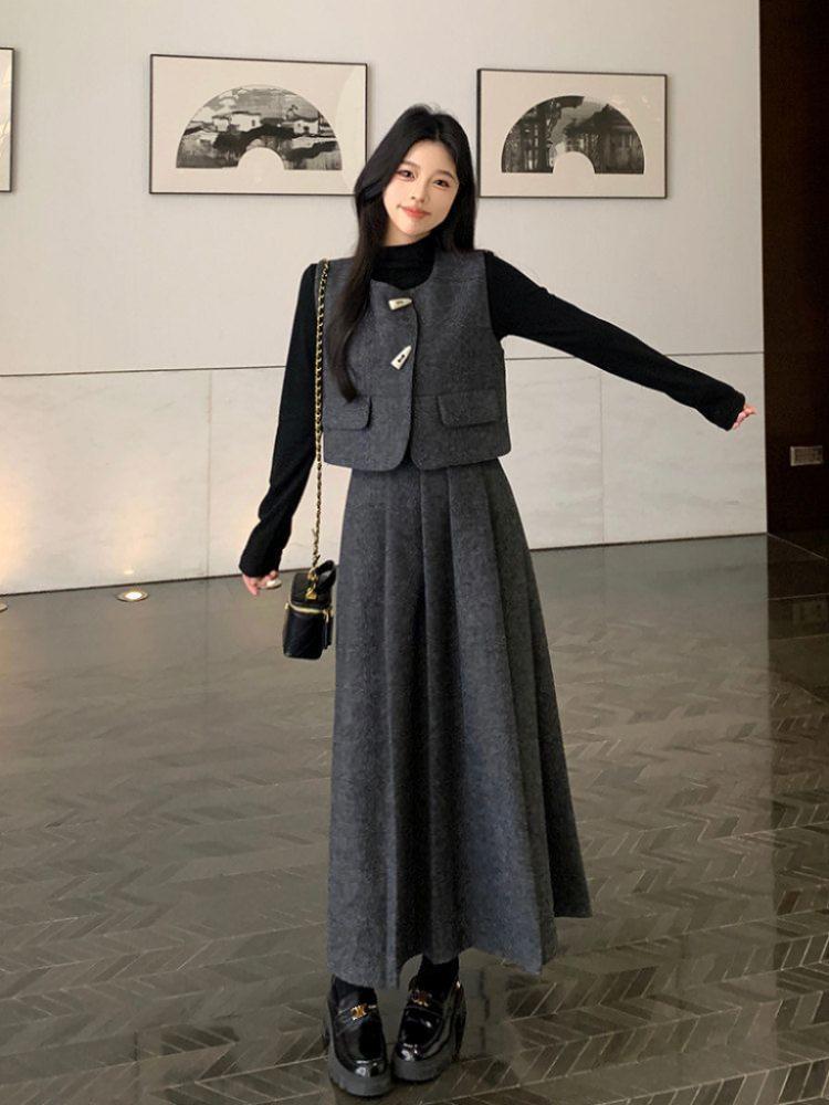 쓰리피스 여성정장세트 투피스 갈색 스커트 S 셋업 캐주얼 조끼 가을 롱 싱글탑 한국식 의상 M - 상세 이미지 5