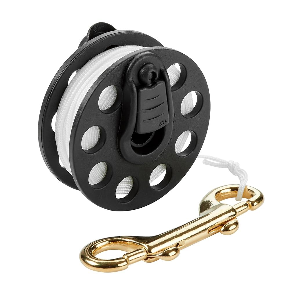 Phantom Aquatics Scuba Diver 컴팩트 핸드 핸들 내구성 있는 + 부식 핑거 와인더 볼트 스냅 접이식 릴, 황동 방지 스풀 디럭스 White 45' Line - 상품 이미지