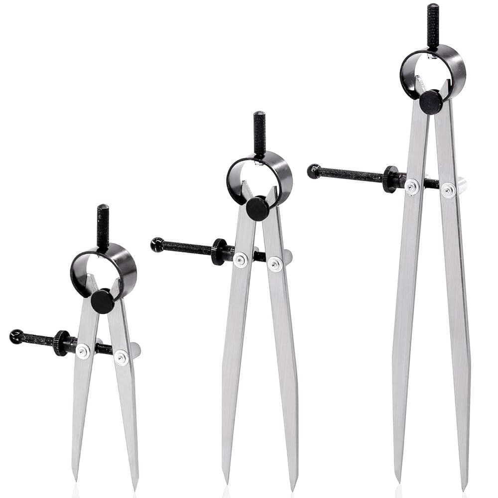 Keadic 스프링 윙 디바이더 3개, 10.2cm(4인치) 15.2cm(6인치) 20.3cm(8인치) 조절 가능한 잠금 스틸 가죽 나침반 전문 금속 세트 캘리퍼 레그 디바이더, - 상품 이미지