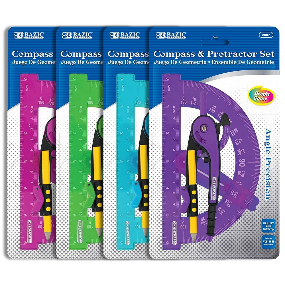 BAZIC Products 연필 나침반이 있는 기하학 세트 - 스케일 눈금자, HB 나무 연필, 학생 및 전문가를 위한 나침반 각도기 세트, 예술 제도 도구에 이상적인 사용, 24 - 상품 이미지