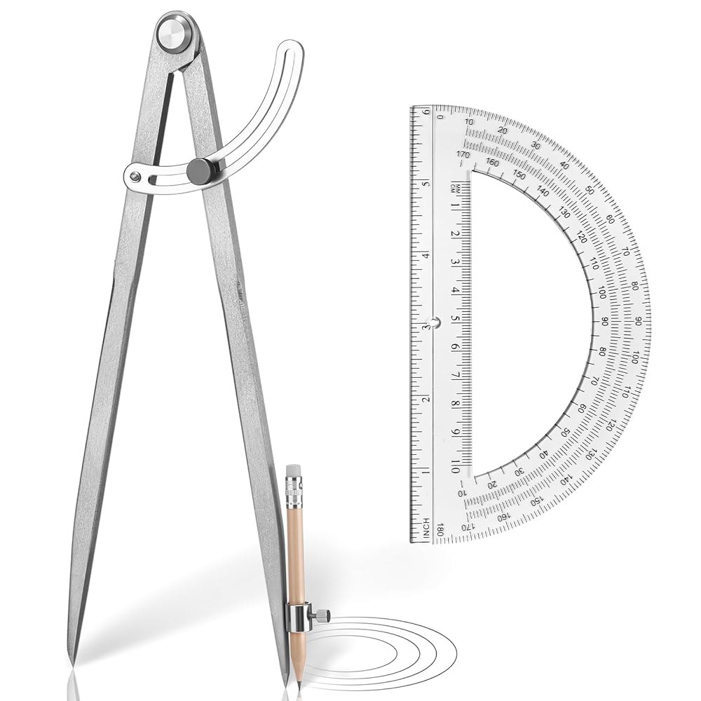 Zonon 목공용 날개가 있는 전문가용 30.5cm(12인치) 대형 나침반 및 15.2cm(6인치) 각도기 세트, 기하학 수학 목수, 제도, 드로잉 도구용 연필 - 상품 이미지