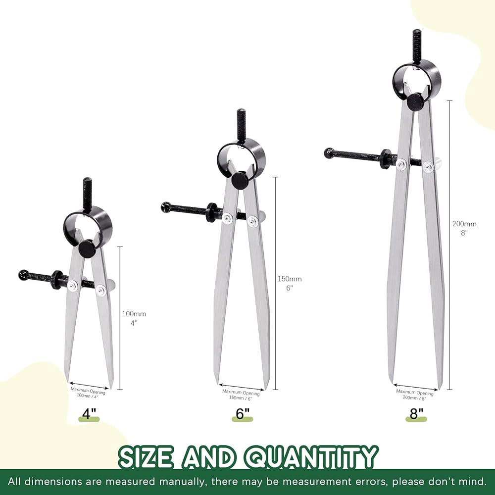 Keadic 스프링 윙 디바이더 3개, 10.2cm(4인치) 15.2cm(6인치) 20.3cm(8인치) 조절 가능한 잠금 스틸 가죽 나침반 전문 금속 세트 캘리퍼 레그 디바이더, - 상세 이미지 2