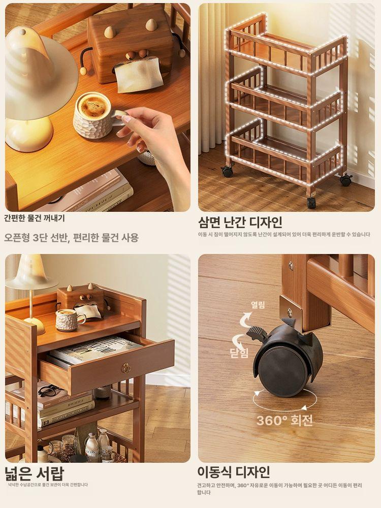 원목트롤리 우드 3단 이동식카트 바퀴 왜건 웨건 철제 엔틱 서랍 선반 울타리 - 상세 이미지 4