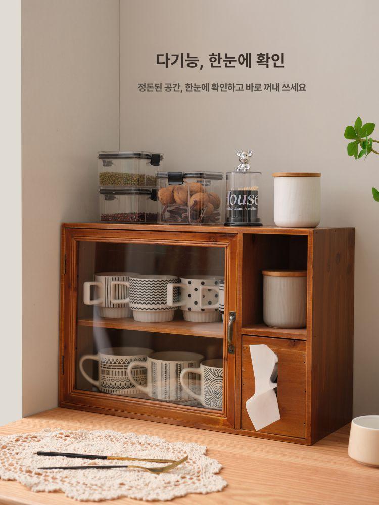 원목 컵 정리대 찻잔 진열 커피잔 진열장 진열대 선반 빈티지 원목 티슈 캐비닛 포함 - 상세 이미지 4