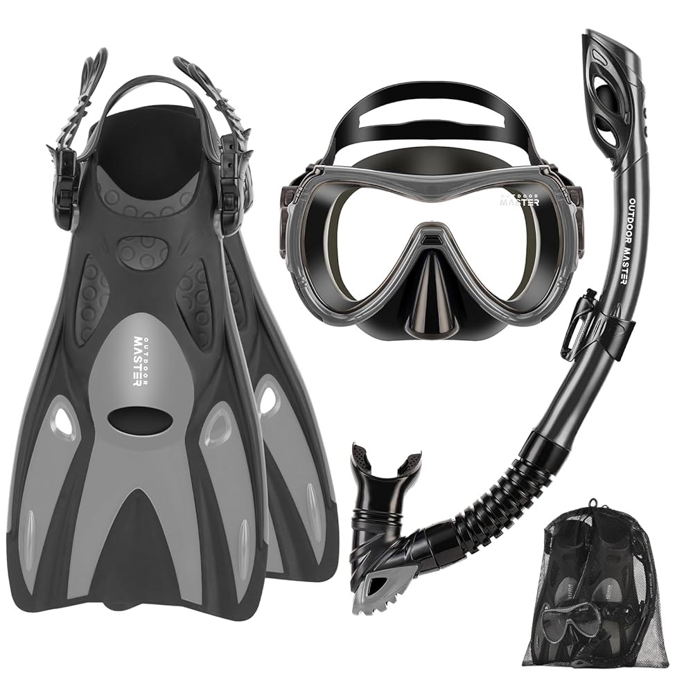 OutdoorMaster Mobula 성인용 스노클링 장비, 블랙, 마스크 뷰 다이빙용 핀 스쿠버 그레이 수영 L/XL 세트, - 파노라마 스노클 김 방지, 서림 드라이 탑 장비 - 상품 이미지