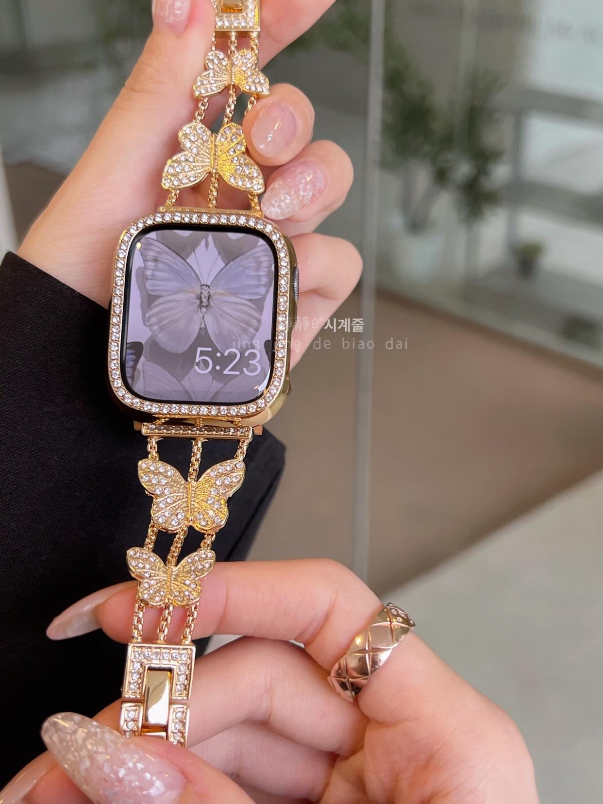 워치 밴드 큐빅 장식 꽃 무늬 플로럴 시계줄 여성용 실버 iWatch 10-11 42mm - 상세 이미지 4