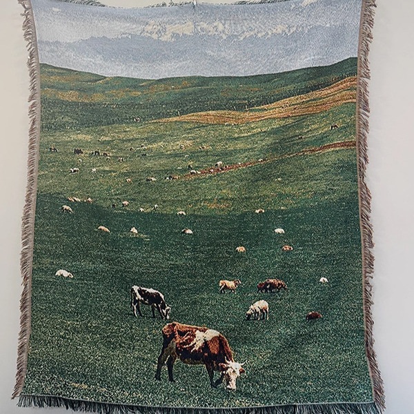 후지산 풍경 담요 겸 벽장식 태피스트리 130x160cm 사계절용 두툼한 니트 패브릭 - 상품 이미지