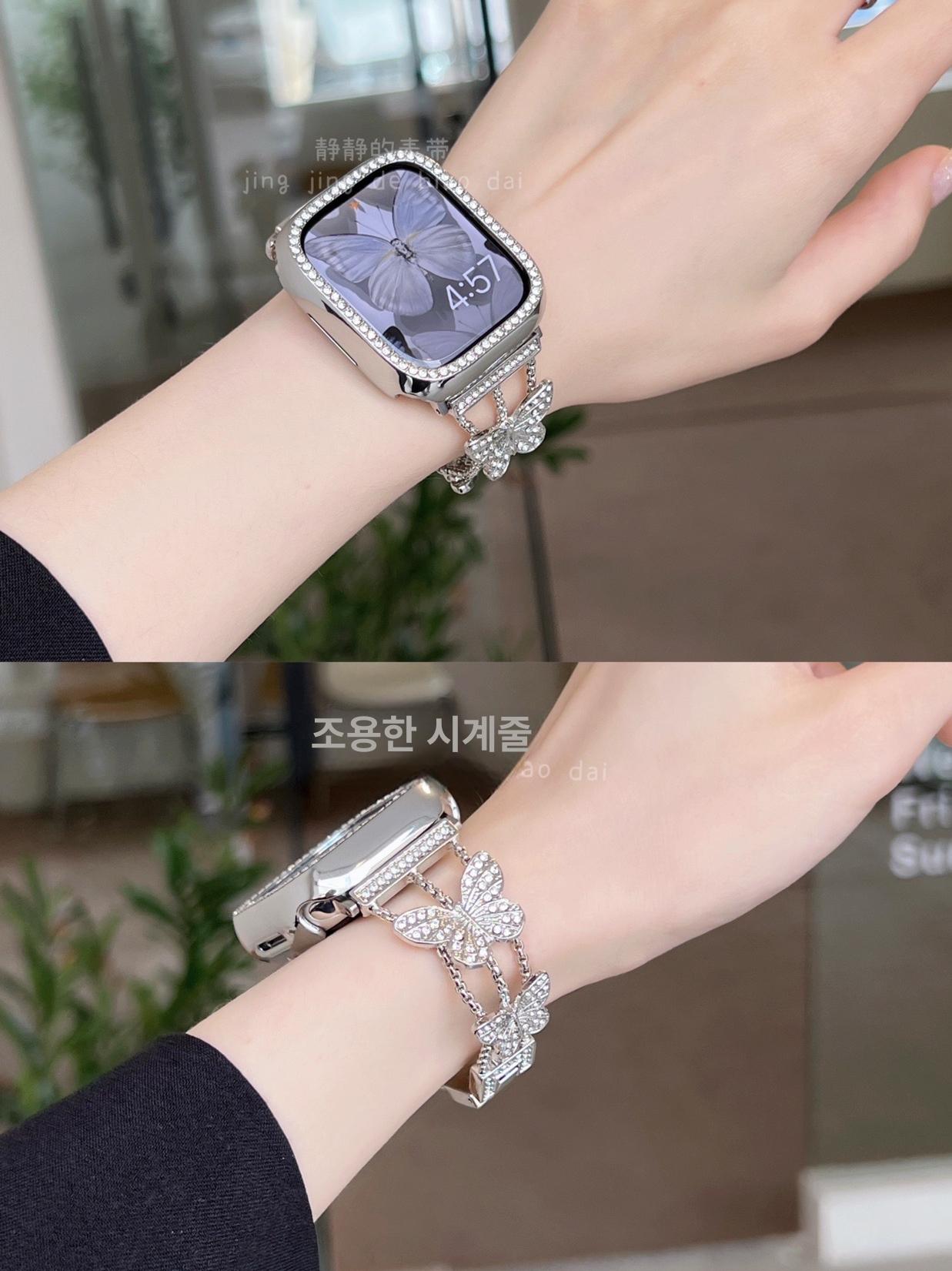 워치 밴드 큐빅 장식 꽃 무늬 플로럴 시계줄 여성용 실버 iWatch 10-11 42mm - 상세 이미지 2
