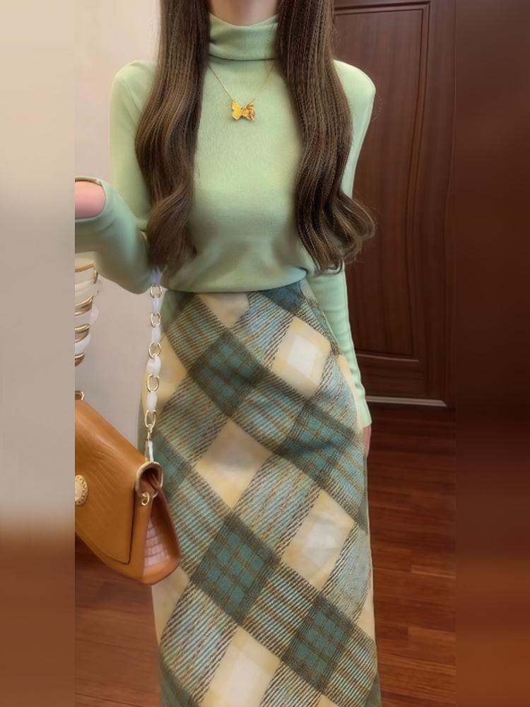 프렌치 그린 체크 여성 봄 미니 드레스 세트 스타일 그린 베이스 셔츠 45/55kg/M - 상세 이미지 4