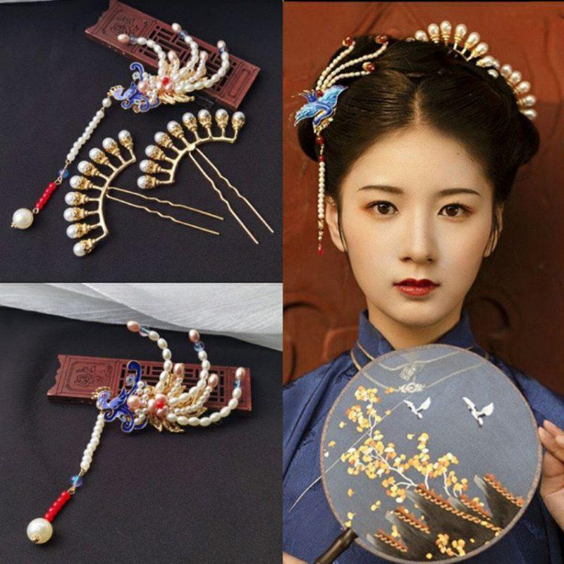 비녀 은 옥 한복머리 헤어 머리띠 세트 장식 머리핀 액세서리 고풍의 나무 - 상품 이미지