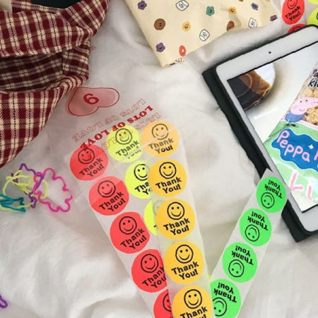 감사 이모티콘 원형 라벨지 500p 포장 봉투 마감 쇼핑몰 택배 발송 포장