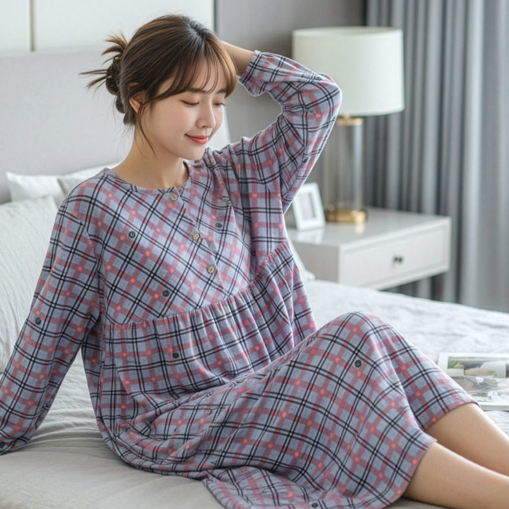 여성 스판 잠옷 원피스 빅사이즈 임산부 홈웨어 포근체크D - 상품 이미지