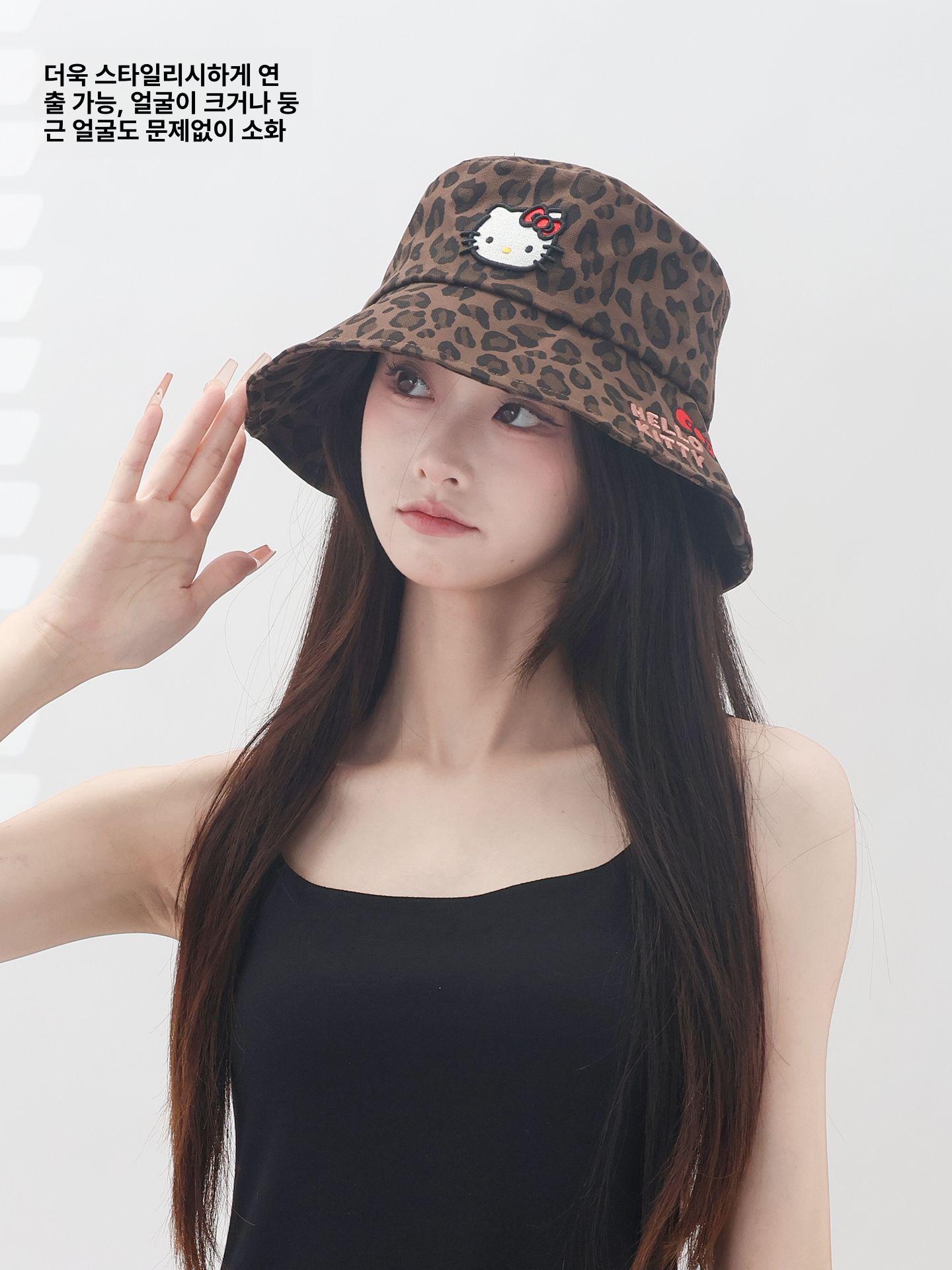 헬로키티 버킷햇 야구 모자 레오파드 프린트 호피 무늬 여성용 패션 캐주얼 KT 레터 피시캡 - 상세 이미지 3