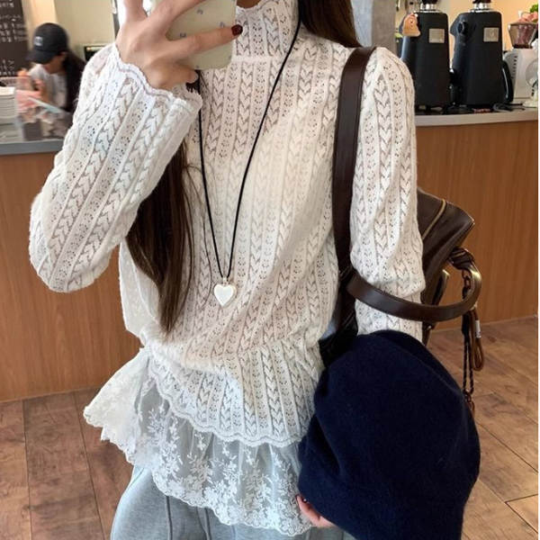 루즈핏 여성 시스루 블라우스 프릴 여성 레이스 블라우스 반목 레이어드 - 상품 이미지