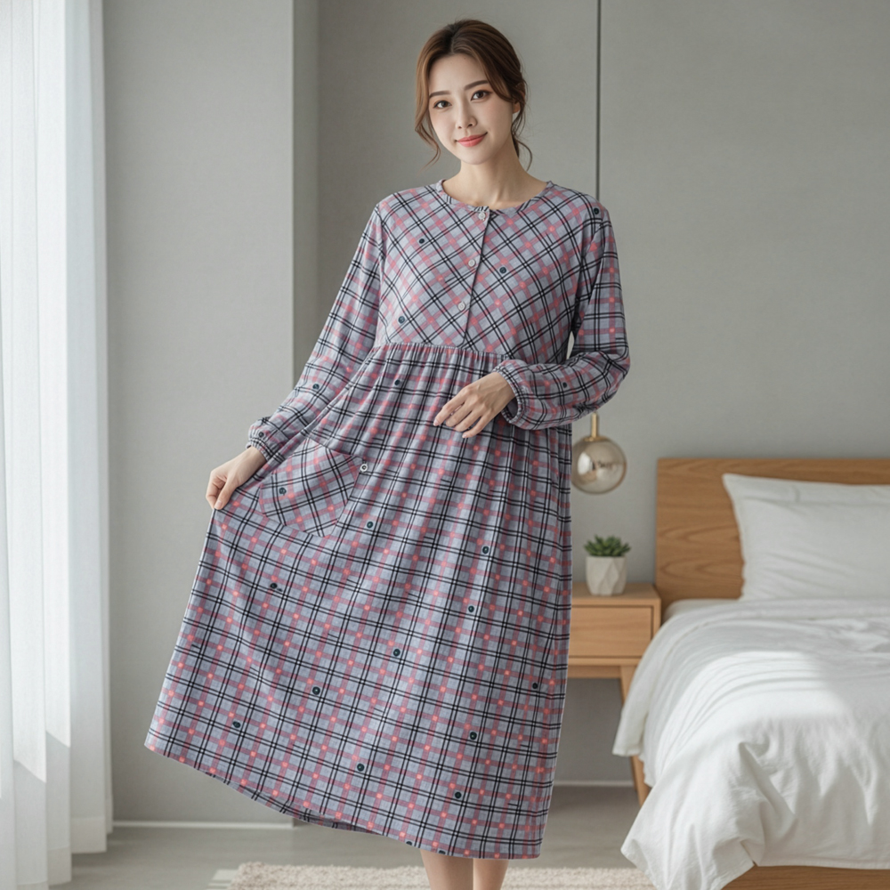 여성 스판 잠옷 원피스 빅사이즈 임산부 홈웨어 포근체크D - 상세 이미지 2
