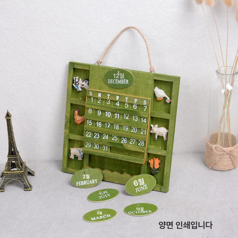 빈티지 벽걸이 만년달력 나무캘린더 그린 접착식 후크+못+로프 포함 달력 - 상세 이미지 4