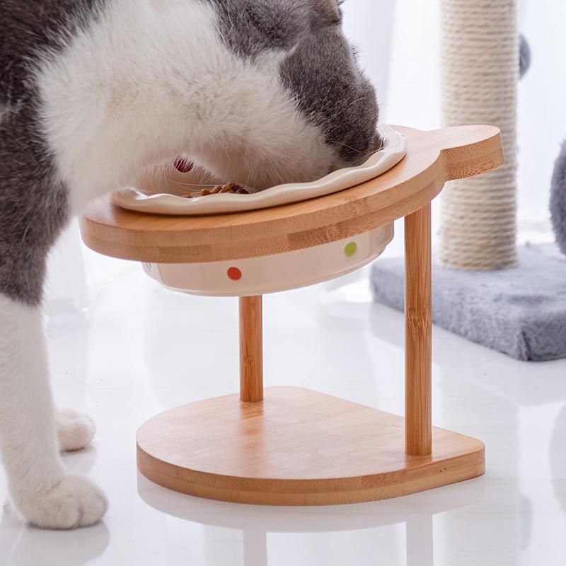 고양이 접이식 받침대 수반 물그릇 도자기 높이조절 경사 베이지 화이트 비즈 + 둥근귀 나무 1개 세라믹 볼+구름 매트 - 상세 이미지 2