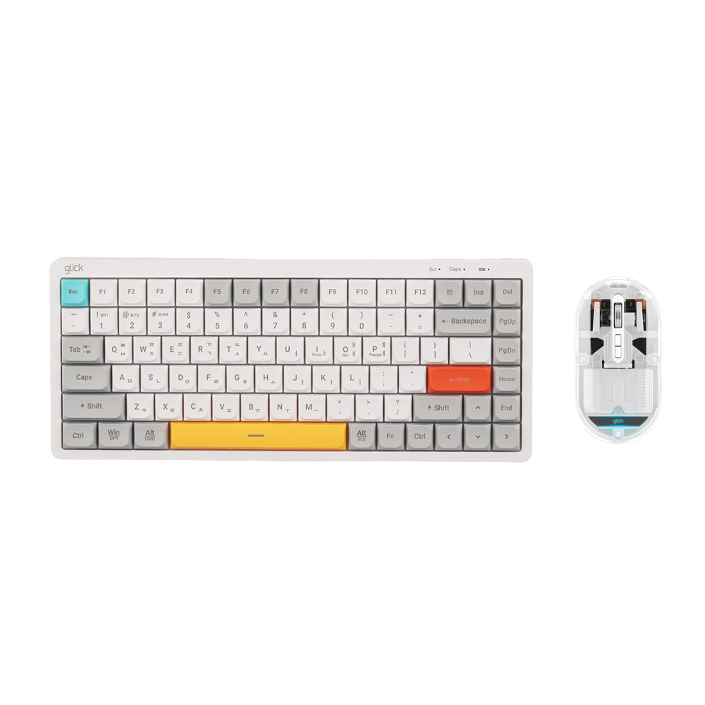 지클릭커 오피스프로 WMK840 사일런스L 블록 로우프로파일 무소음 키보드 투명 블루투스 무선 마우스 세트 84키 화이트 블록 - 상품 이미지