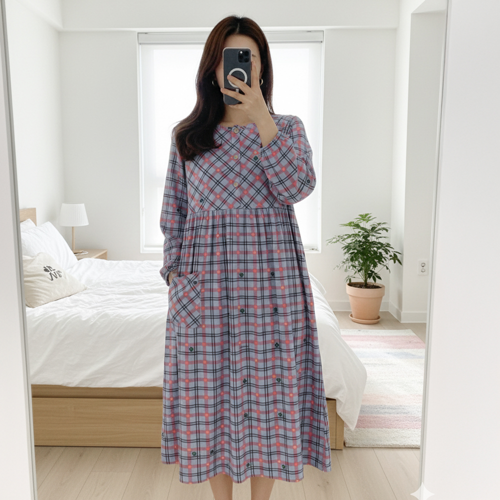 여성 스판 잠옷 원피스 빅사이즈 임산부 홈웨어 포근체크D 이미지 7