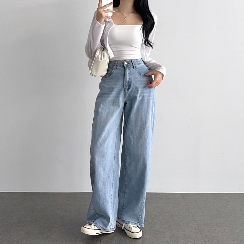 키작녀바지 와이드데님팬츠 절개 여자청바지 - 상세 이미지 4