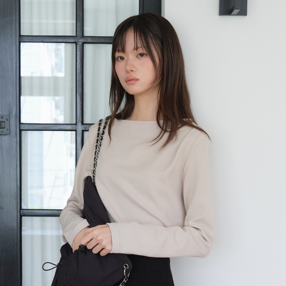 [엽페] 슬림 보트 티셔츠 베이지 - 상품 이미지