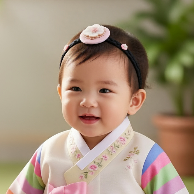 플라워 연핑크 아기 한복머리띠 (베이비용) 돌잔치 명절 - 상품 이미지