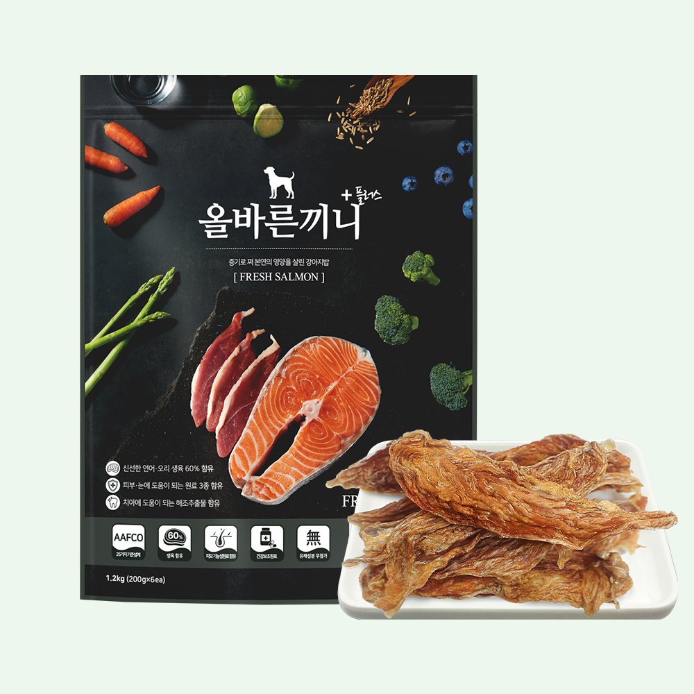올바른끼니 강아지 사료 + 강아지수제간식 혼합 세트 올끼플러스 연어 + 치킨안심육포, 1320g, 1개 - 상품 이미지