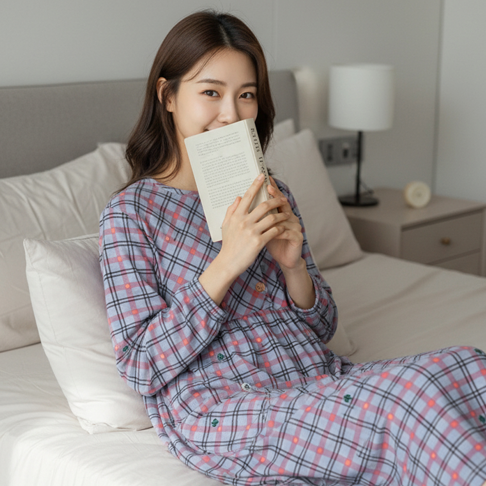 여성 스판 잠옷 원피스 빅사이즈 임산부 홈웨어 포근체크D - 상세 이미지 5