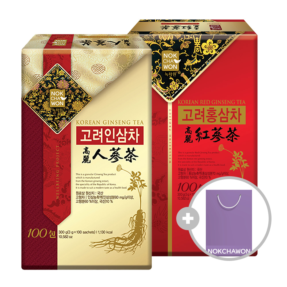 녹차원 고려인삼차 100티백+고려홍삼차 100티백+선물쇼핑백 - 상품 이미지