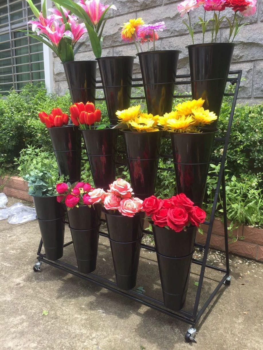 꽃다발 진열대 계단형 전시대 이동식 매대 철제 거치대 4개 4단 화이트 보강 신형 버킷 포함 - 상세 이미지 4