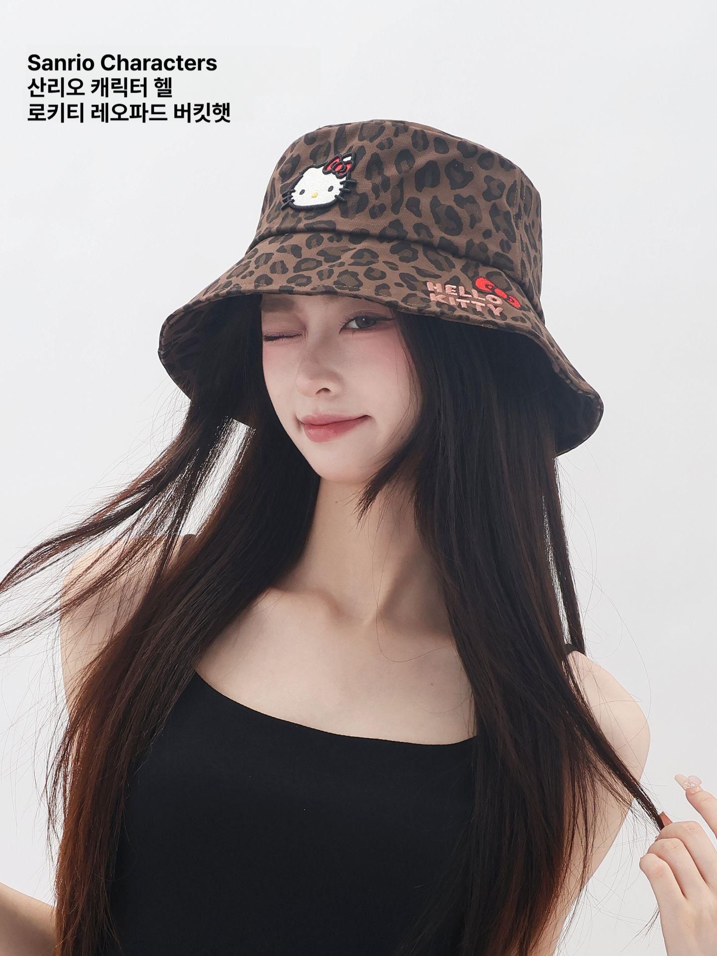 헬로키티 버킷햇 야구 모자 레오파드 프린트 호피 무늬 여성용 패션 캐주얼 KT 레터 피시캡 - 상품 이미지