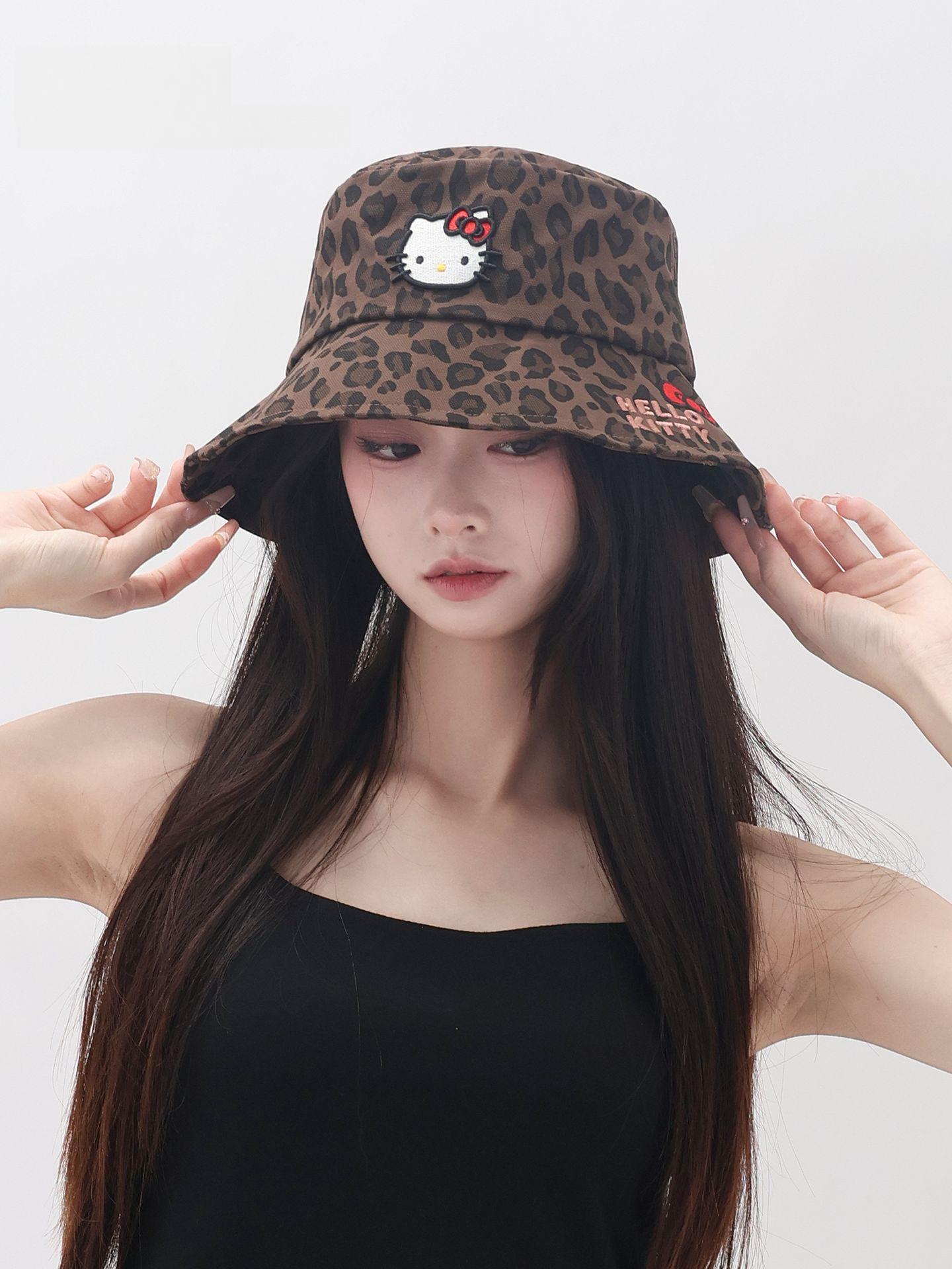 헬로키티 버킷햇 야구 모자 레오파드 프린트 호피 무늬 여성용 패션 캐주얼 KT 레터 피시캡 - 상세 이미지 2