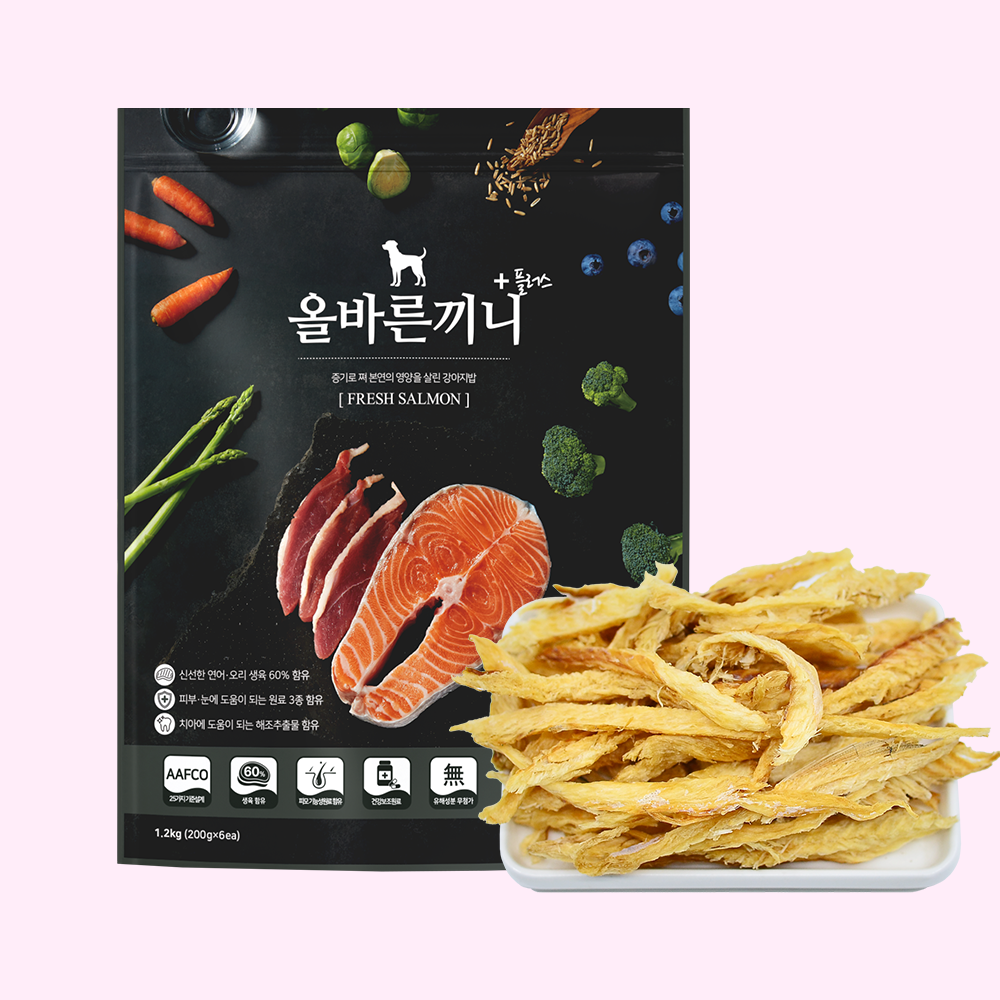 올바른끼니 강아지 사료 + 강아지수제간식 혼합 세트 올끼플러스 연어 + 바삭황태포, 1290g, 1개