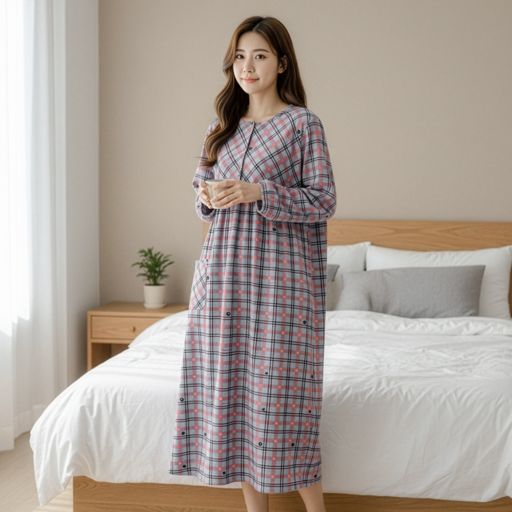 여성 스판 잠옷 원피스 빅사이즈 임산부 홈웨어 포근체크D - 상세 이미지 4