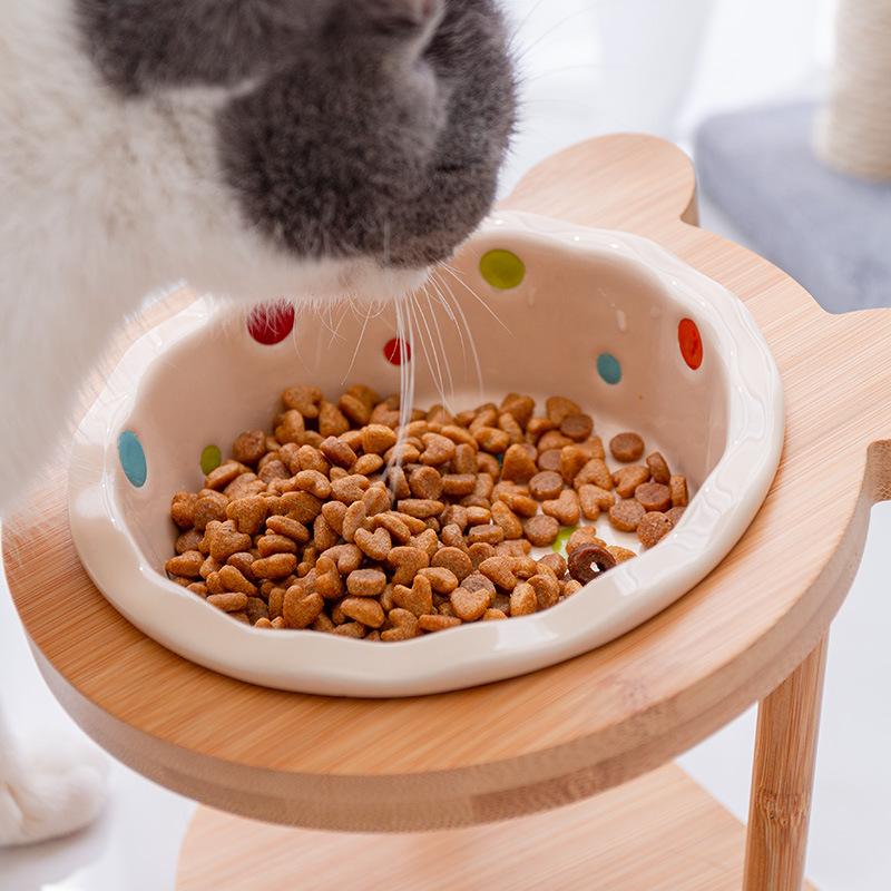 고양이 접이식 받침대 수반 물그릇 도자기 높이조절 경사 베이지 화이트 비즈 + 둥근귀 나무 1개 세라믹 볼+구름 매트 - 상세 이미지 3