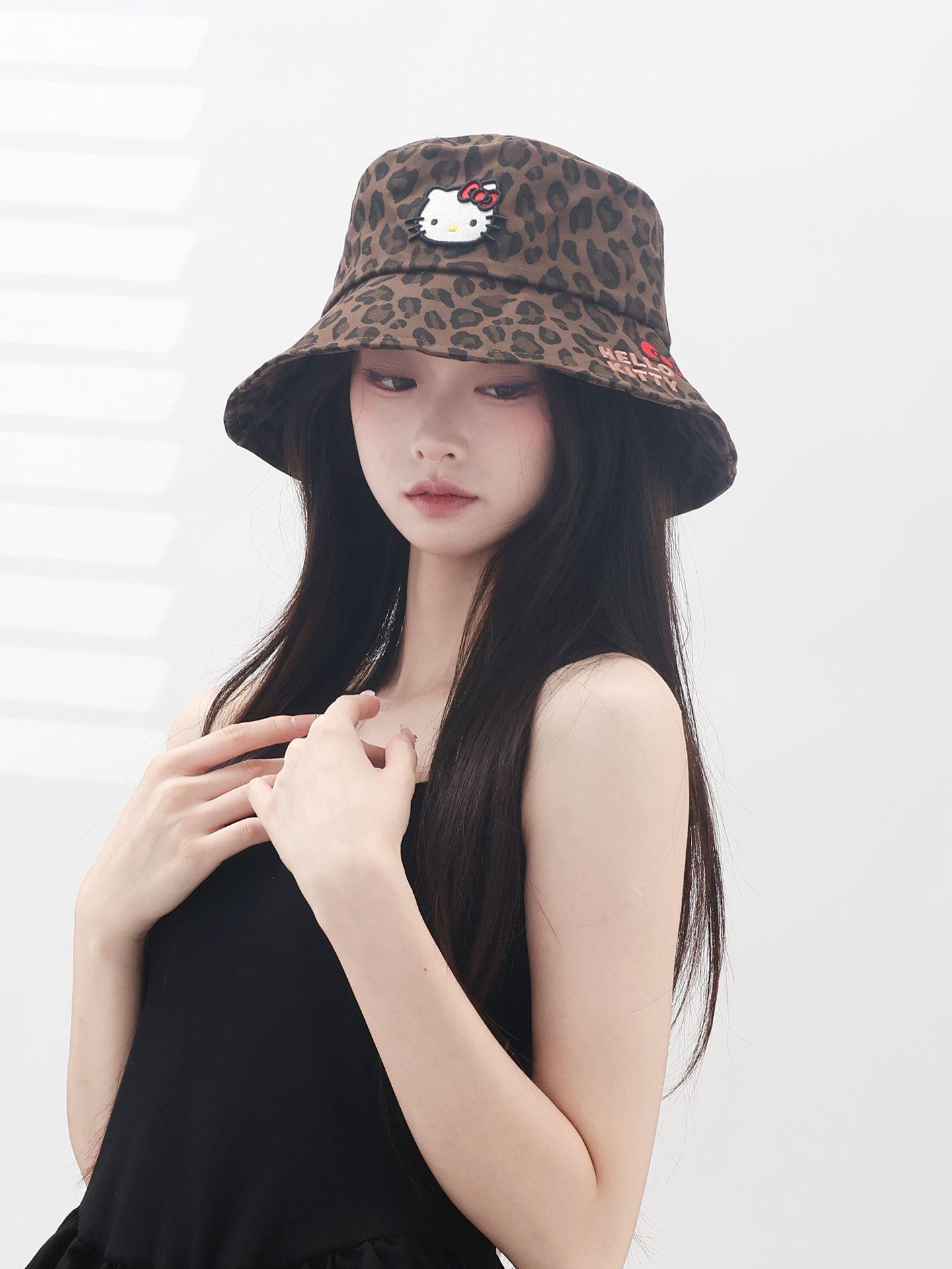 헬로키티 버킷햇 야구 모자 레오파드 프린트 호피 무늬 여성용 패션 캐주얼 KT 레터 피시캡 - 상세 이미지 5