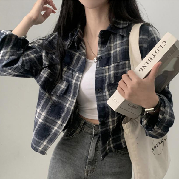 루즈핏 여성 크롭 셔츠 빈티지 여성 체크 셔츠 데 가을 - 상품 이미지