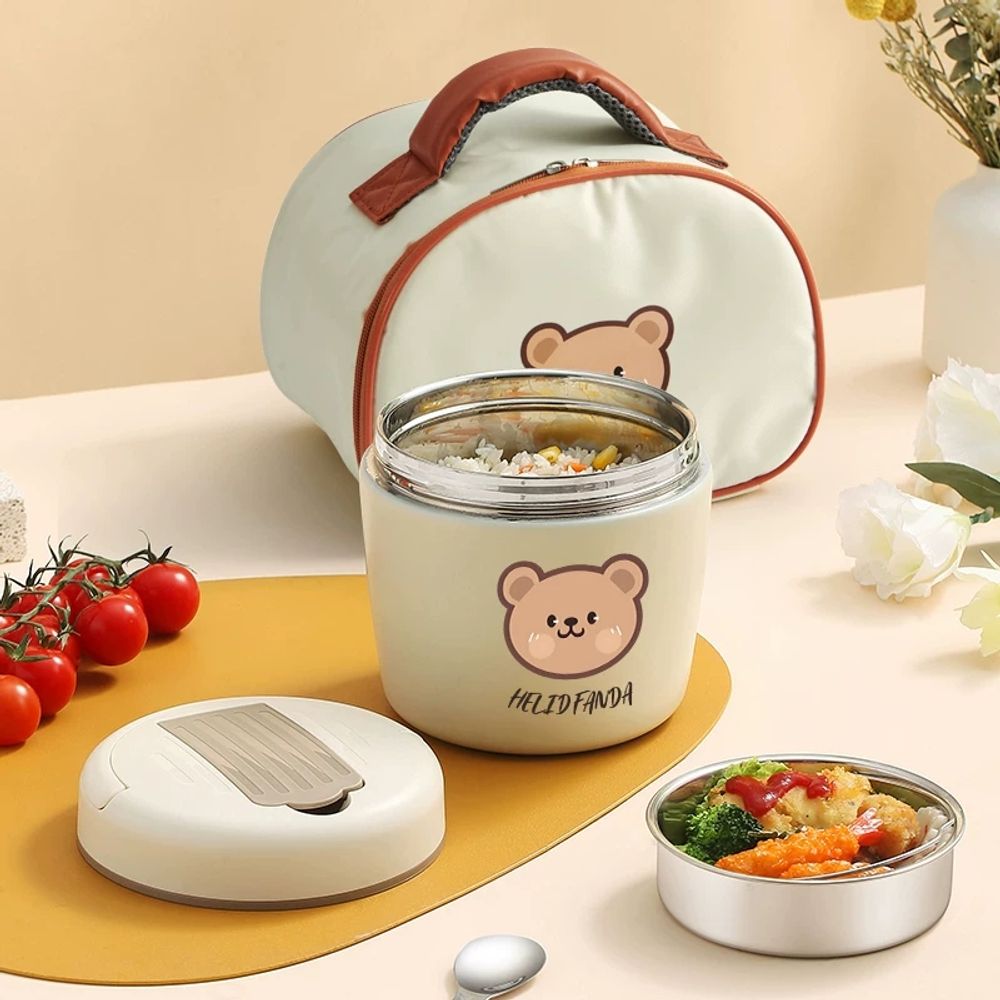 보온 죽통 대용량 국통 난방 조식 L베 보온통 육수 찌 A. 곰 도시락 뚜껑에 접이식 스푼 - 상세 이미지 2