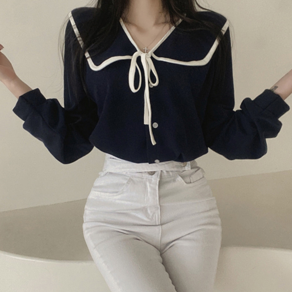 데 여성 세일러 블라우스 하객룩 여성 리본 블라우스 라운드 카라 - 상품 이미지