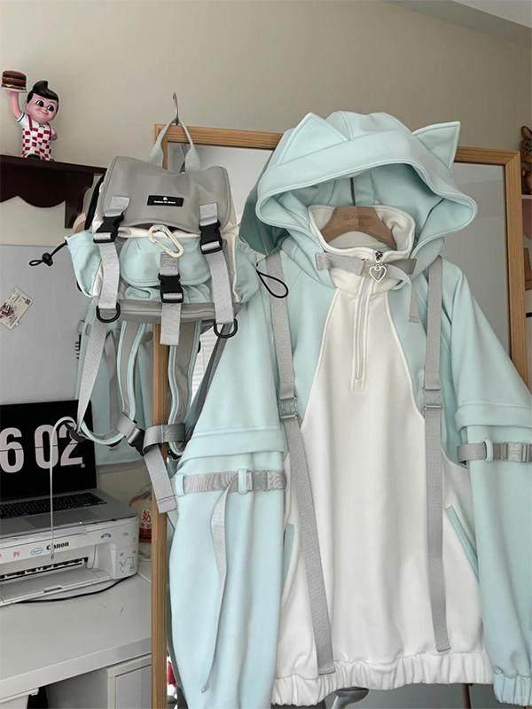 일본 서브컬쳐 멘헤라 패션 고양이 귀 후드티 간절기 긴팔 - 상품 이미지