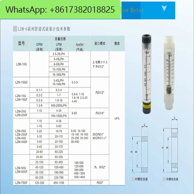 LZM-15G/GF 에어 덕트 플렉시 유리 로터 플로트 액체 수량계