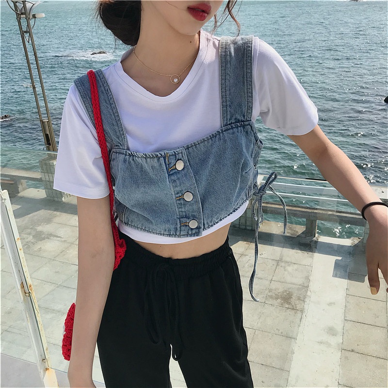 조끼 데님 숏 뷔스티에 여름 캐주얼 크롭 어깨끈 옆라인 스트링 단추 여밈 민소매 여성 - 상세 이미지 3