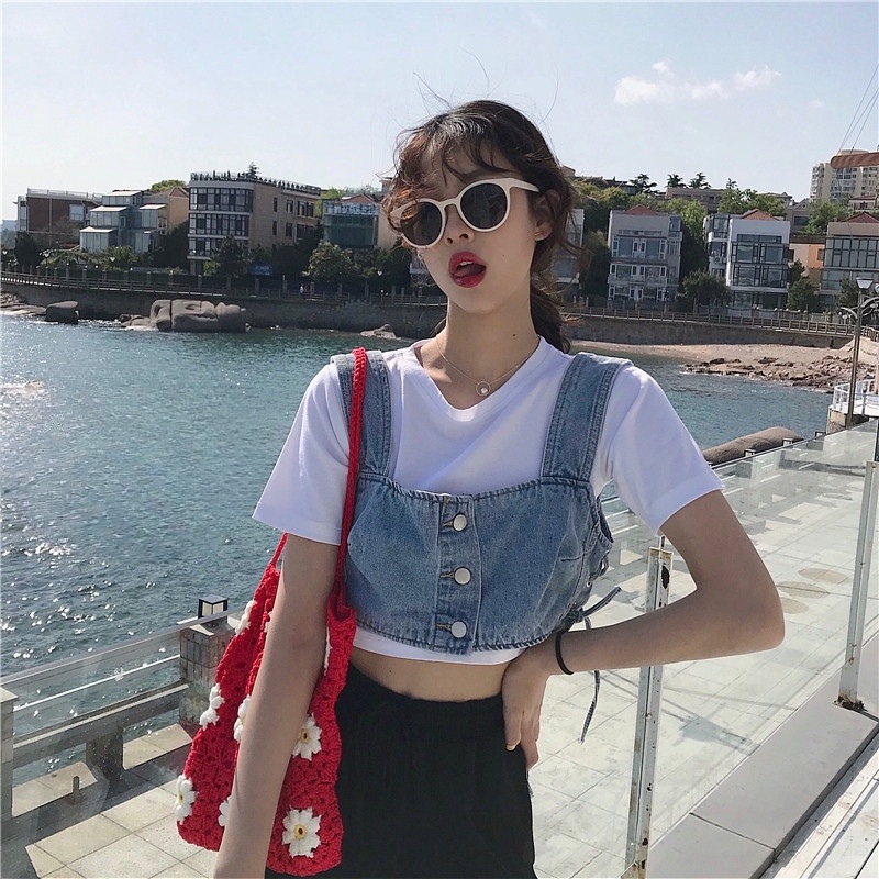 조끼 데님 숏 뷔스티에 여름 캐주얼 크롭 어깨끈 옆라인 스트링 단추 여밈 민소매 여성 - 상품 이미지