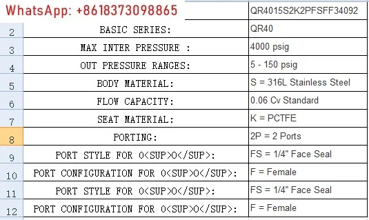 스테인레스 스틸 감압밸브 QR4015S2K2PFSFF34092 1/4 인치