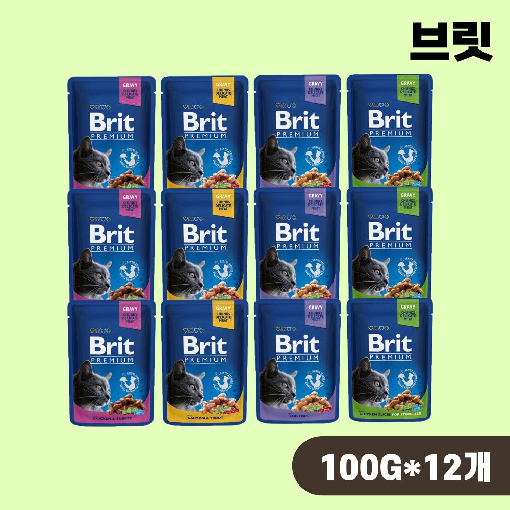 [유통기한] 브릿 파우치 프리미엄 캣 고양이 습식 주식 파우치 청크 4종 콤보, 100g, 12개 - 상품 이미지