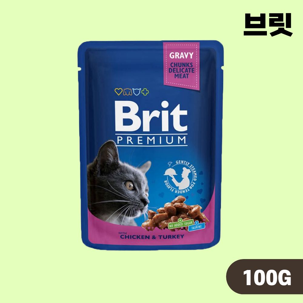 [유통기한] 브릿 파우치 프리미엄 캣 고양이 습식 주식 파우치 청크 닭고기 칠면조, 100g, 1개 - 상품 이미지