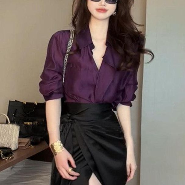 여성 자주색 퍼플 블라우스 보라 셔츠 - 상품 이미지