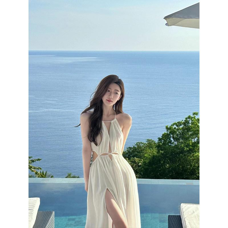 롱원피스 신혼여행 홀터넥 스트랩 트임 드레스 솔로지옥 원피스 여행 하얀색 S - 상세 이미지 2