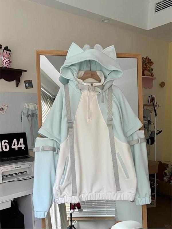 일본 서브컬쳐 멘헤라 패션 고양이 귀 후드티 간절기 긴팔 - 상세 이미지 2